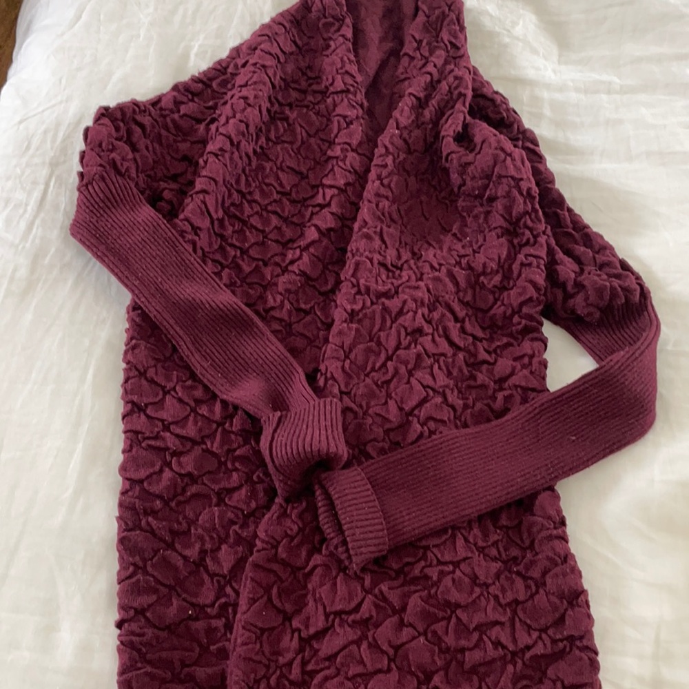 Maroon slouchy sweater jacket. Great to throw on over leggings.